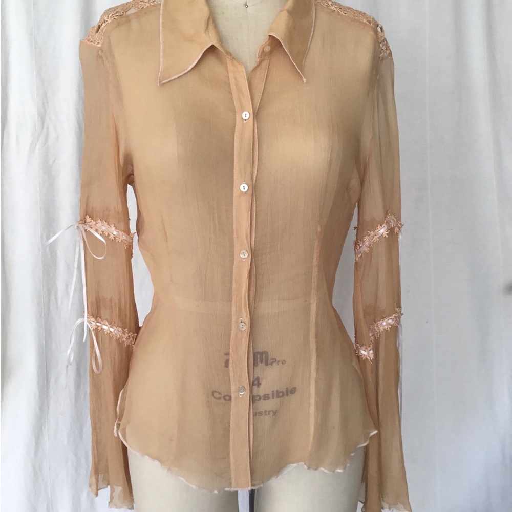 Anna Paul - Silk Vintage Sheer Beige Women's Button-Up Blouse